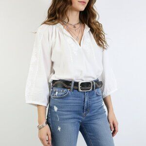 *Linea Pelle Black Leather Belt with Tan Embroidery